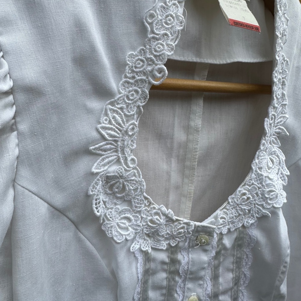 Jessica's Gunnies VTG Blouse Women 7 White Lace Trim Puff Short Sleeve Prairie - Picture 5 of 10
